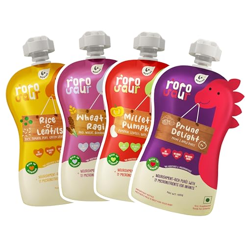 Rorosaur Tummy Friendly Baby Food Puree Combo (4 Pouches X 100g each) | Prune Delight,…