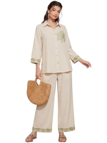 THE FEBZA Women Cotton Co-Ord Set | Embroidered Shirt Top & Straight Leg Pants for Wome…