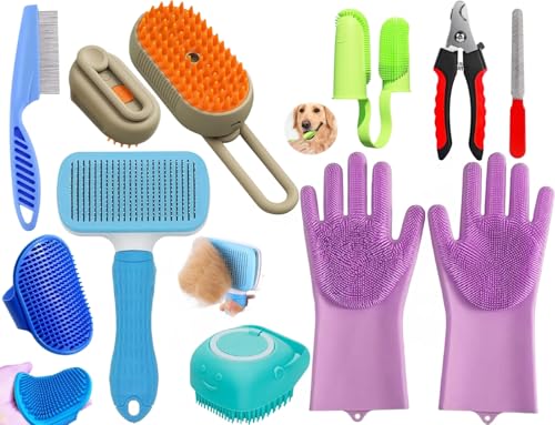 9 in 1 Grooming, Bathing & Nail Cutting Kit For Dogs & Cats - Includes Pet Comb Brush,…