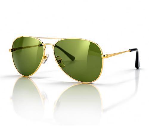 Aviator Sunglasses with Gold Metal Frame, Green Lenses, Classic Pilot Style