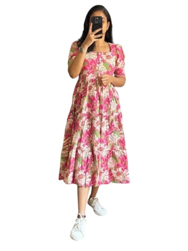 Women's Midi Shirt Dress,Tribal Print, Flared Fit, Half Sleeves (in, Alpha, L, Pink)