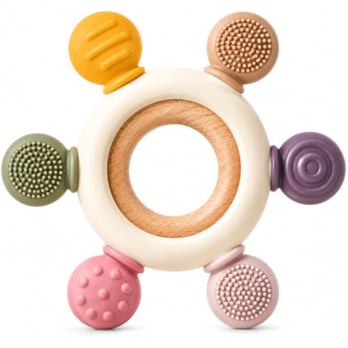 Rster Silicone & Wooden Baby Teether for 0-12 MonthsFood Grade Silicone Teething ToySof…