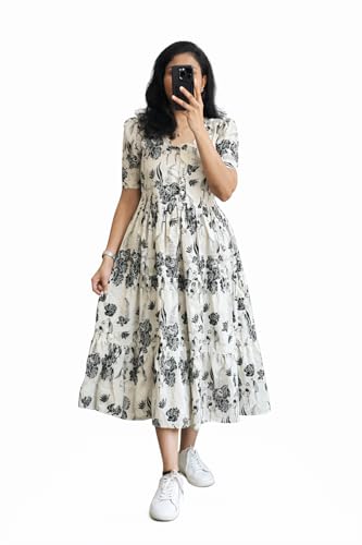 Women's Off White Bandhani Print Tiered Maxi Dress, Short Sleeve, Square Neck, Cotton,…