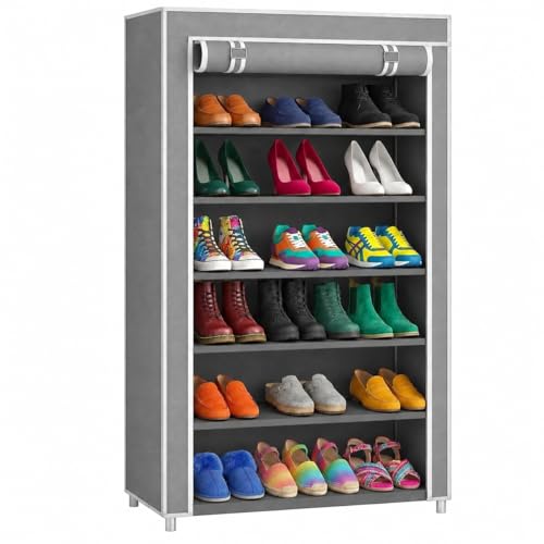 Easy Buy 6 Layer Foldable Shoe Rack Organizer Grey Shoe Plastic Rack 6 Shelves Zip Door…