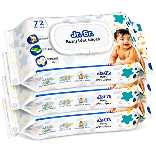 Jr. Sr. Baby Wipes With Lid | 72 Wipes x Pack of 3, 216 Wipes | Safe & Moist Wet Wipes…