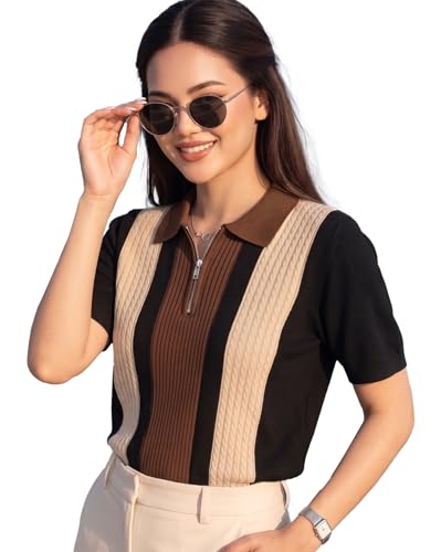 AUSK Women’s Casual Summer Polo Knit T-Shirt | Zip Collar Top | Half Sleeves | Ribbed P…