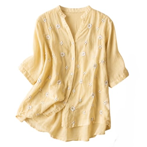 RIEKA Womens Bright Floral Applique Embroidered Fancy Top with Mandarin Collar Button D…