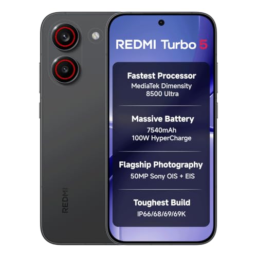 REDMI Turbo 5 (8GB + 256GB) Asphalt Black | Dimensity 8500 Ultra | Mega 7540mAh Battery…
