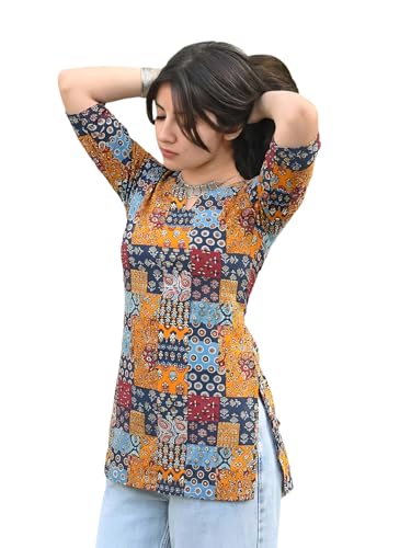 Pinkmint Women Printed Short Kurti Cotton Blend Tunic Top, Notch Neck & 3/4 Sleeves, Ca…