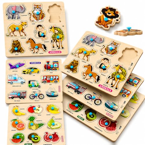 Storio Wooden Puzzle Combo Set for Kids, Vehicle Fruit & Animal Knob Puzzles, Montessor…