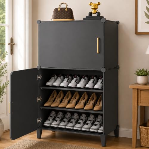 EXVITO Plastic Shoe Rack for Home with Door, 2-Door Shoe Storage Cabinet | 6-Shelfs for…