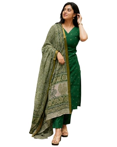 GoSriKi Women's Rayon Viscose Straight Printed Kurta with Pant & Dupatta (AHANKAR GREEN…