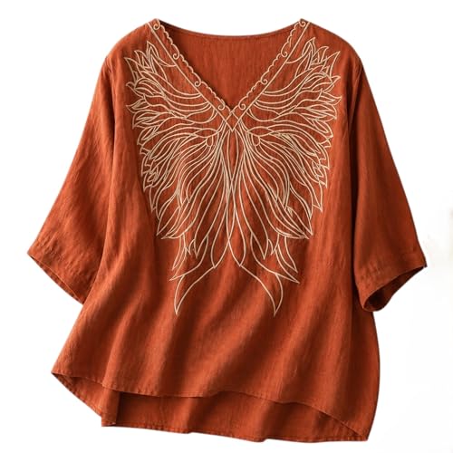 RIEKA Women's Embroidered Top for Women, Maroon V Neck Rayon, 3/4 Sleeve Casual Loose F…