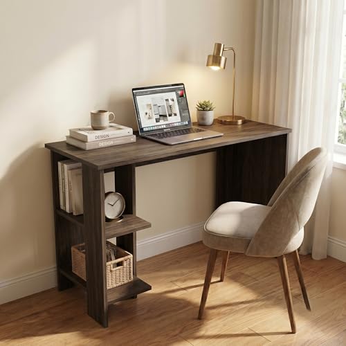 Andca Breeze Minimalist Study Table with 2-Tier Side Shelves, Modern White Computer Des…