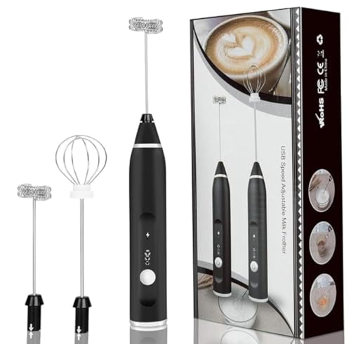 plenzo Electric Milk Frother with 2 Attachments (Double-Layer Frother & Egg Whisk), 3-S…