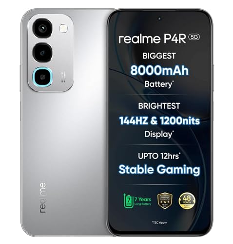 realme P4R 5G Smartphone, Silver Glare, 8000mAh Battery, 144Hz Display, 6 GB RAM, 128 GB
