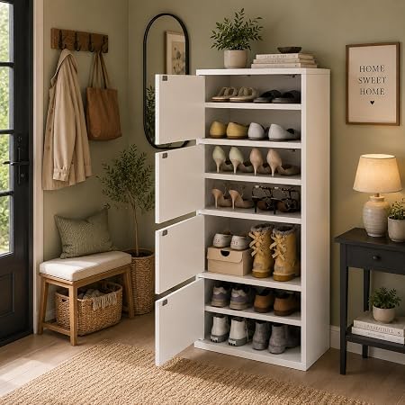 Mevigo-Wooden Shoe Rack with 4-Door - Tall Shoe Cabinet with Doors, 9-Tier Freestanding…