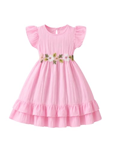 TAGAS Girls Pink Party Dress| Floral Waist Embroidered Frock for Kids | Soft Cotton Ble…