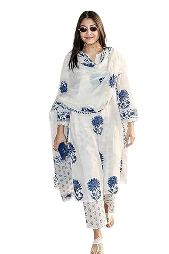 Nermosa Women's Hand Block Floral Printed Straight Kurta Set with Palazzo Pants & Dupat…