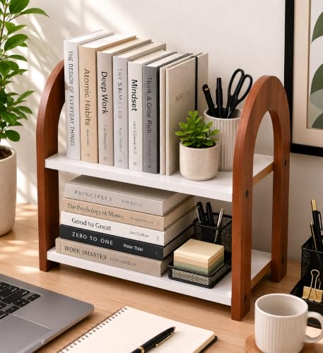 EVETO 2-Tier Wooden Bookshelf Organizer for Desk, Tabletop Book Rack with Storage Shelv…