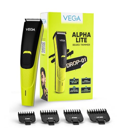 VEGA Alpha Lite Beard Trimmer for Men, Self-Sharpening Blades, Trimmer for Man, 4 Comb…