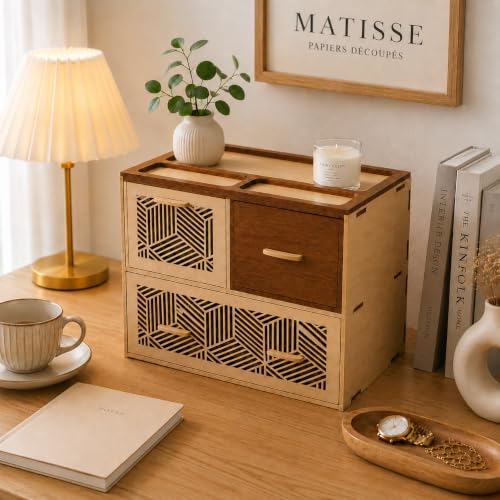 FA6 Wooden 3 Drawer Desk Organizer with Top Tray Premium MDF Storage Box Multi-Purpose…