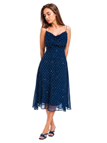 anvida Women’s Blue Rhinestone Sparkle Midi Dress, Cowl Neck Spaghetti Strap Sleeveless…