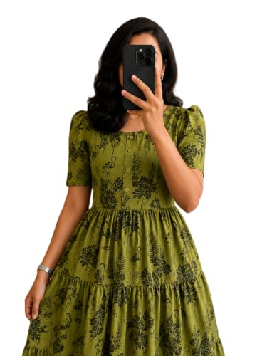 FASHDHUN Women's Rayon Floral Print A-Line Midi Dress (in, Alpha, L, R_Mint_Green_Dress)