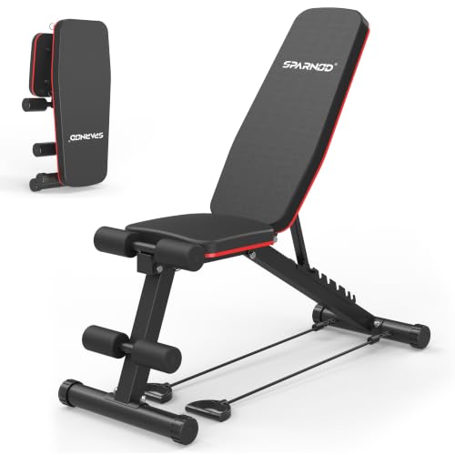 Sparnod Fitness SWB-59 Adjustable Weight Bench with Resistance Bands, Incline, Flat & D…