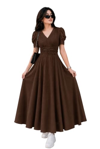 Preneum Girl's & Women's Solid Color V-Neck A-Line Maxi Dress for Women | New Year Part…