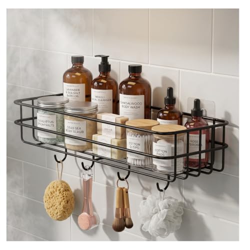 Bindian Self-Adhesive Bathroom Shelf with Hooks | No-Drill Wall Mounted Shower Caddy Or…