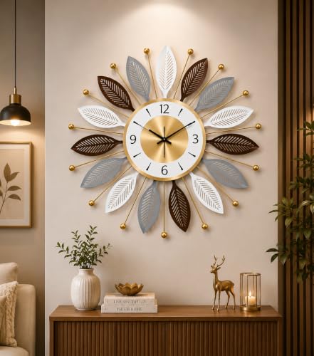 URBAN INSPIRATIONS Modern Metal Wall Clock for Living Room | Premium Sunburst Leaf Deco…