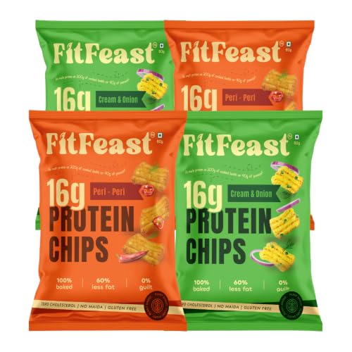 FitFeast Protein Chips - Variety Pack of 4 | 2 x Peri Peri and 2 x Cream Onion | 16g Pl…