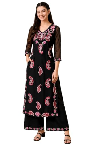 B BELLA Women's Embroidered Rayon Kurta Palazzo Set | Straight Paisley & Floral Embroid…