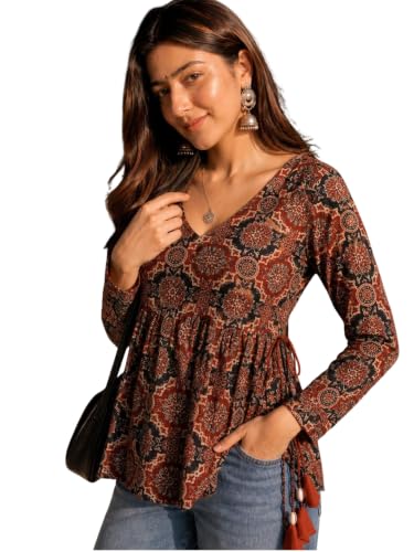 Youthnic Women's Cotton Blend Ajrakh Print Tie-Up & Tassel Short Kurti | V-Neck | Casua…