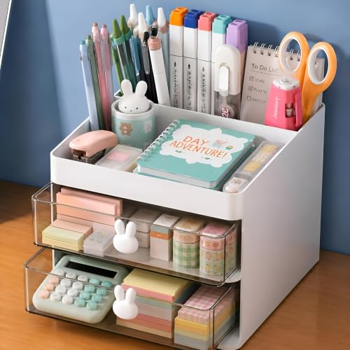 PulGos Desk Organizer with 2 Drawers| Large 3 Compartments with Pen Holder