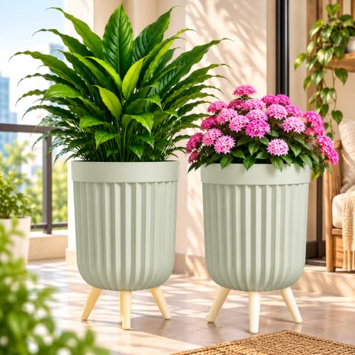 StyleX Store® Pack of 2 10 Inch Plastic Flower Pot for Indoor Outdoor Plants with Stand…
