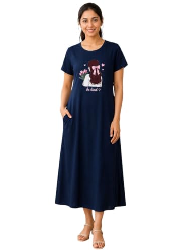 Women's Long Polo Printed T-Shirts, Round Neck, Half Sleeve, Night Gown (in, Alpha, M,…