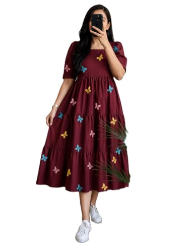 FASHDHUN Women's Rayon Floral Print A-Line Midi Dress (in, Alpha, M, Maroon Butterfly)