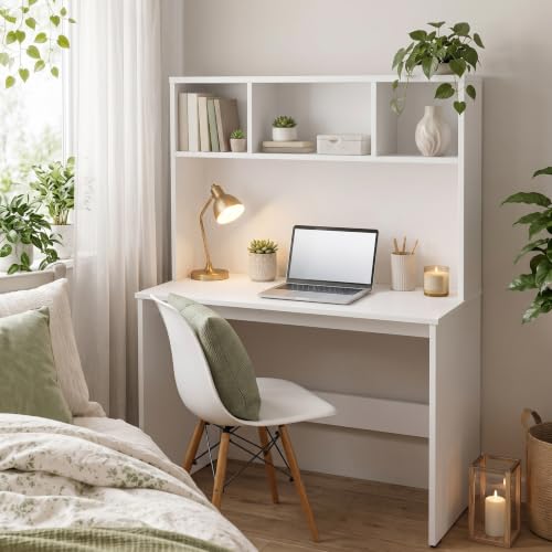 Andca Aura Study Table with 3-Cubby Bookshelf Hutch - Modern Wooden Computer Desk for H…