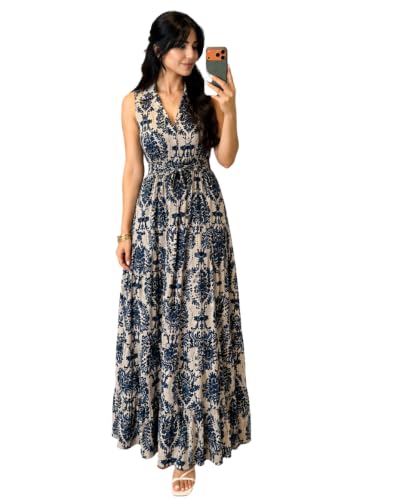curie apparels Women's Floral Printed Rayon Tiered Midi Dress | Sleeveless Collared Fit…