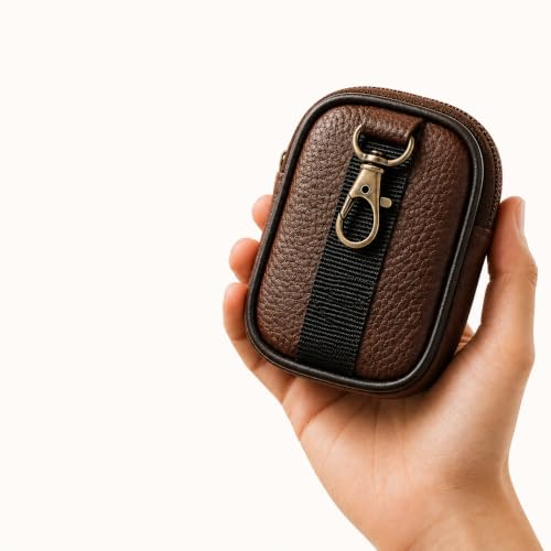 Genuine Leather Utility Pouch with Metal Carabiner Clip, Brown