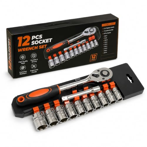 12 Pcs Socket Wrench Set with Ratchet Handle | Heavy Duty Mechanic Tool Kit | Chrome Va…