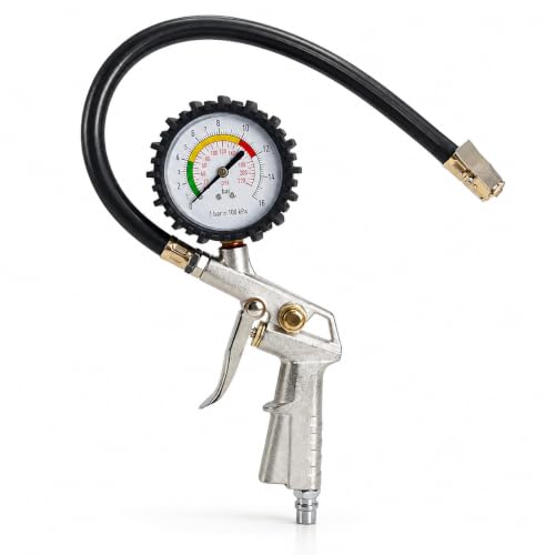 Tyre Inflator with Pressure Gauge, Flexible Air Hose & Clip-On Chuck, Tyre Air Filler G…