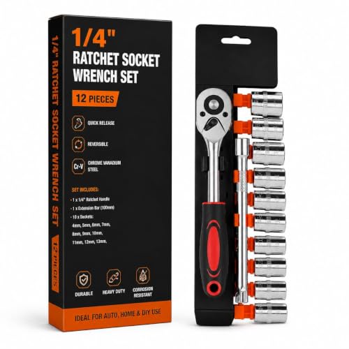 BK STORE 12 in 1 Heavy Duty Socket Set 1/4" Chrome Vanadium Steel Ratchet Socket Wrench…
