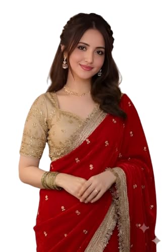 Vragi Women's Soft Silk Red Saree with Embroidery Work and Lace Border With Embroidery…