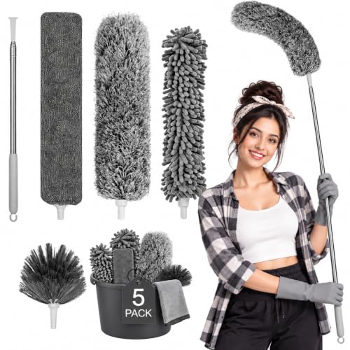 5 in 1 Microfiber Feather Duster 5 PCS Bendable & Extendable Fan Cleaning Brush with 10…