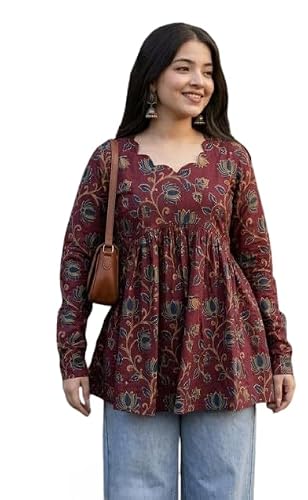 Printed Fancy Neck Cotton Blend Top Short Kurti for Womens Kalamkari Printed Short top…