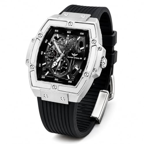 KIDDICINE Men's Luxury Skeleton Dial Analog Watch, Alloy Case, Silicone Strap, Quartz M…