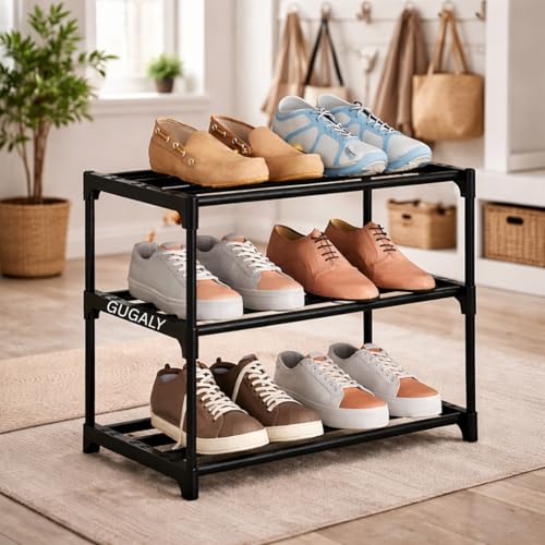GUGALY 3 Tier Shoe Rack with Shelf | Foldable Plastic Shoe Rack with Shelves for Bedroo…